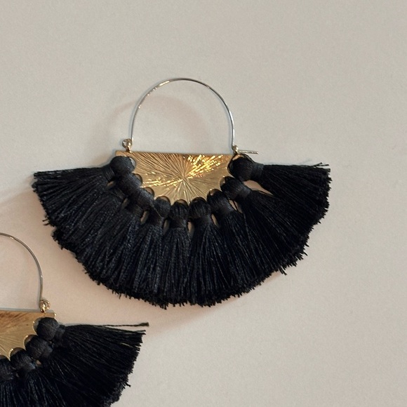 Black and Gold Large Tassel Hoop Statement Earrings - Picture 2 of 5